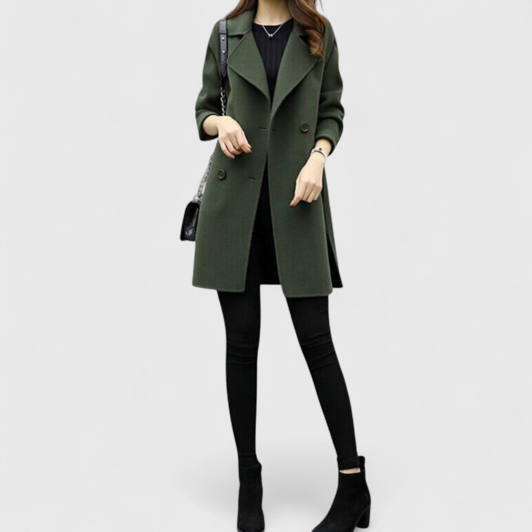 Double Breasted Wrap Coat with Wide Lapel - Dark Green