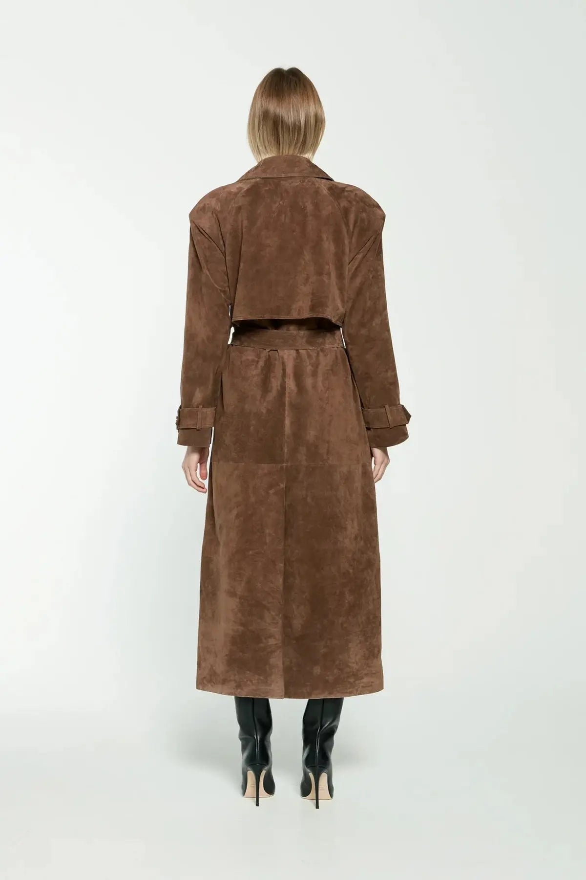 Long Suede Trench Coat with Belt - Brown