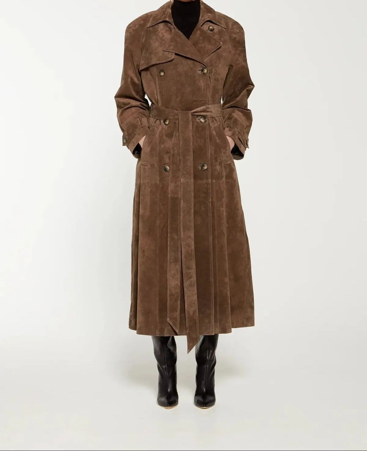 Long Suede Trench Coat with Belt - Brown