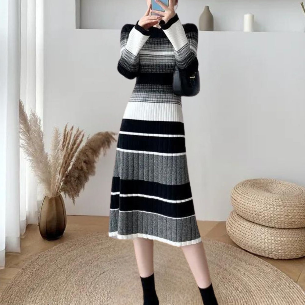 Lou | Crew Neck Long Sleeve Striped Ribbed Knit Autumn Winter Fit And Flare Midi Jumper Dress Women