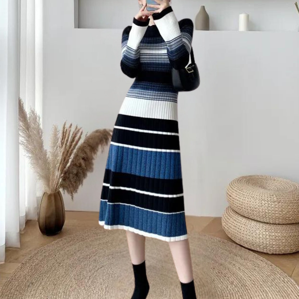 Lou | Crew Neck Long Sleeve Striped Ribbed Knit Autumn Winter Fit And Flare Midi Jumper Dress Women