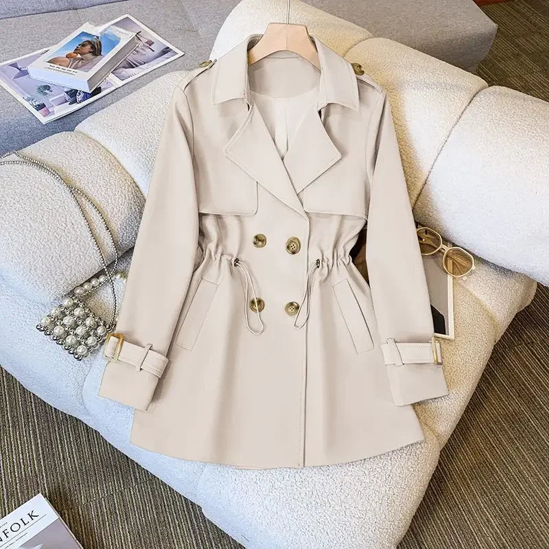 Faye | Double Breasted Button Lapel Pocket Autumn Smart Short Trench Coat Ladies