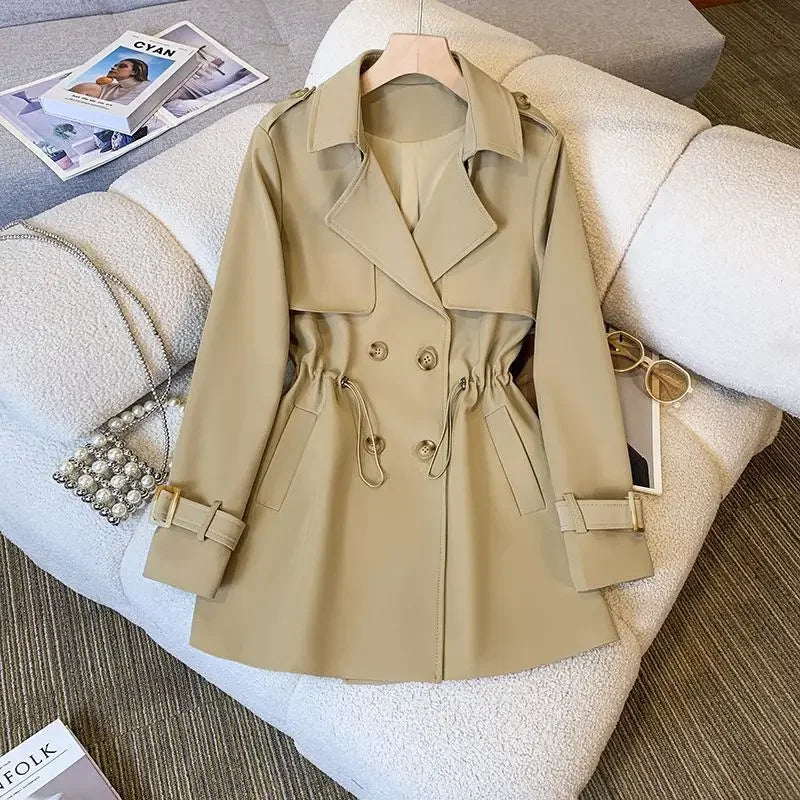 Faye | Double Breasted Button Lapel Pocket Autumn Smart Short Trench Coat Ladies