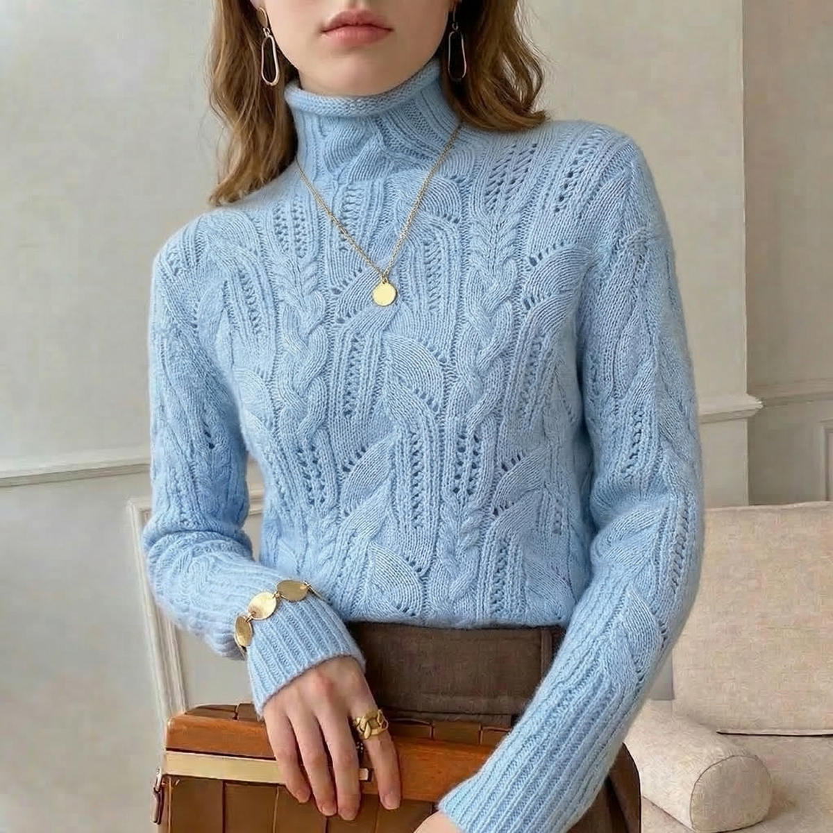 Chunky Cable Knit Turtleneck Sweater - Cream