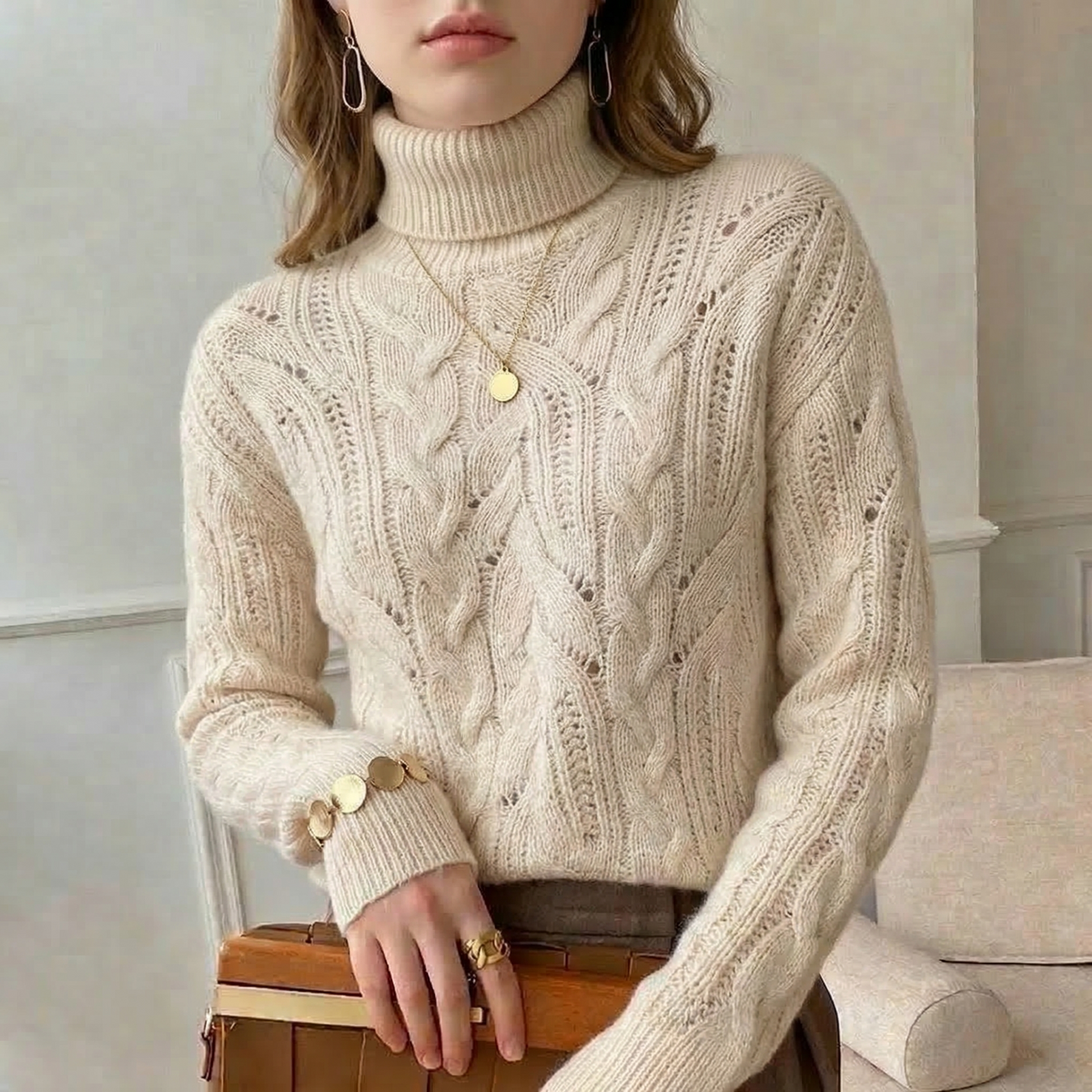 Chunky Cable Knit Turtleneck Sweater - Cream