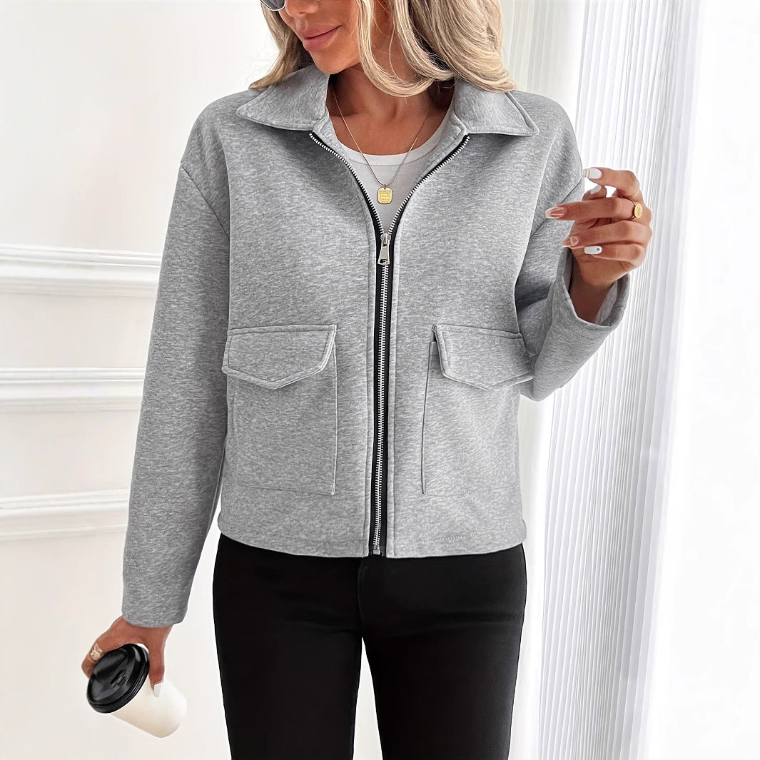 Mila | Collared Zip Up Jersey Pockets Oversized Autumn Cropped Bomber Jacket Women