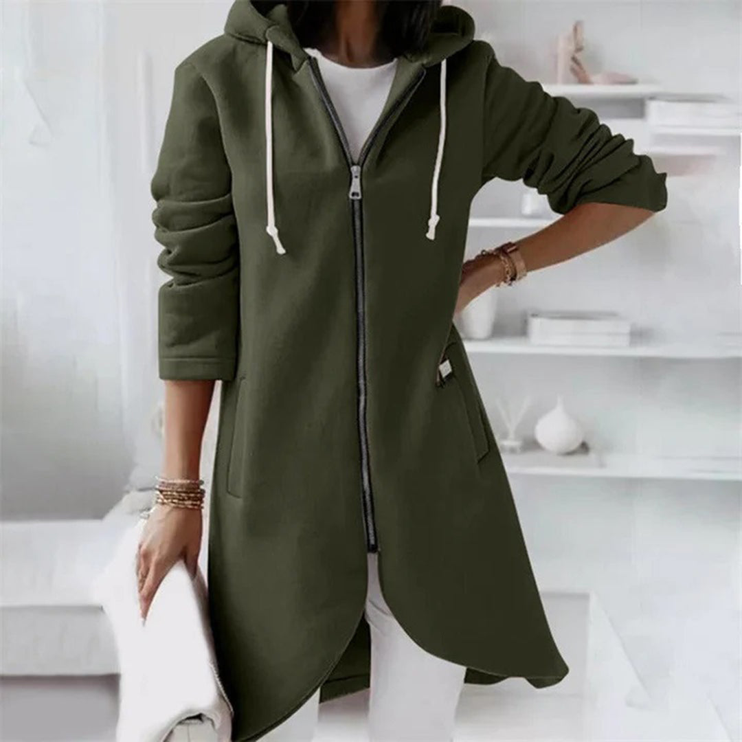 Long Zip-Up Hoodie with Curved Hem - Red