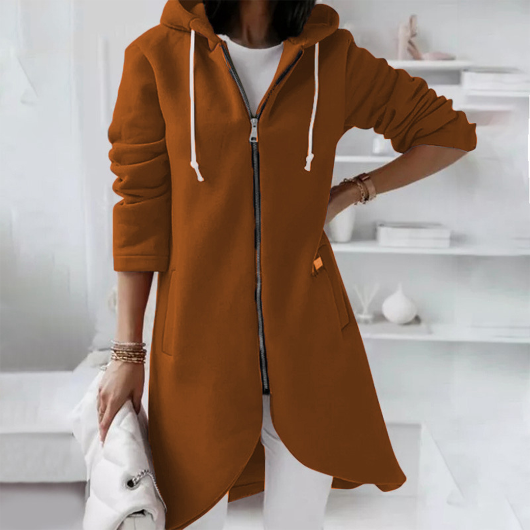 Long Zip-Up Hoodie with Curved Hem - Red
