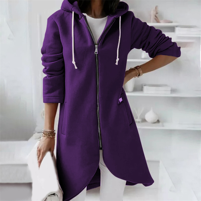 Long Zip-Up Hoodie with Curved Hem - Red