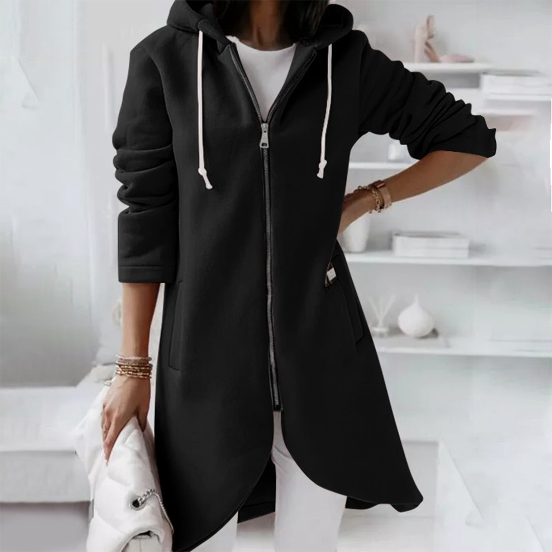 Long Zip-Up Hoodie with Curved Hem - Red