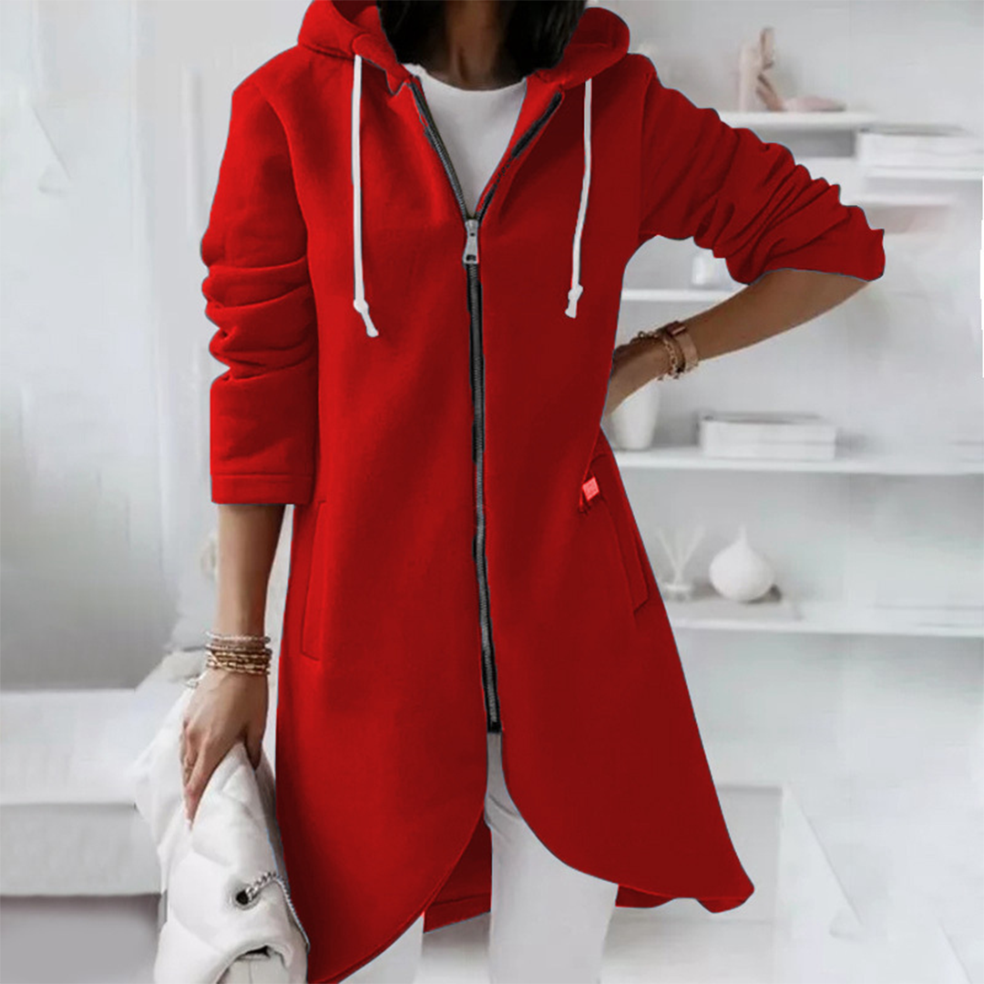 Long Zip-Up Hoodie with Curved Hem - Red