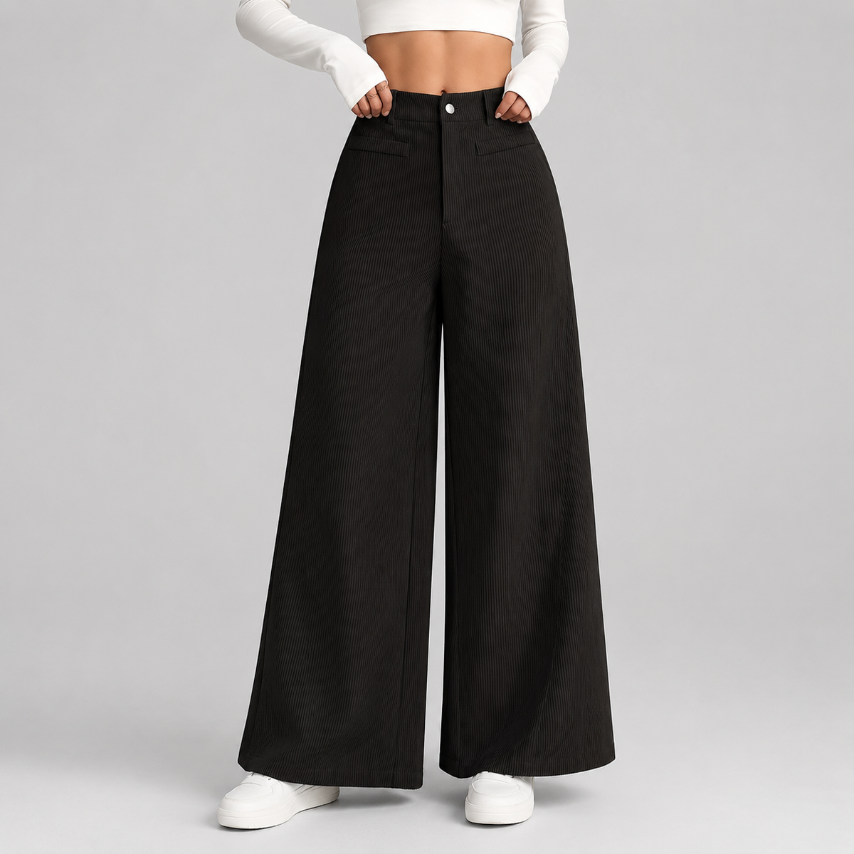 Lily | High Waisted Corduroy Pocket Button Zip Wide Leg Palazzo Pants Women