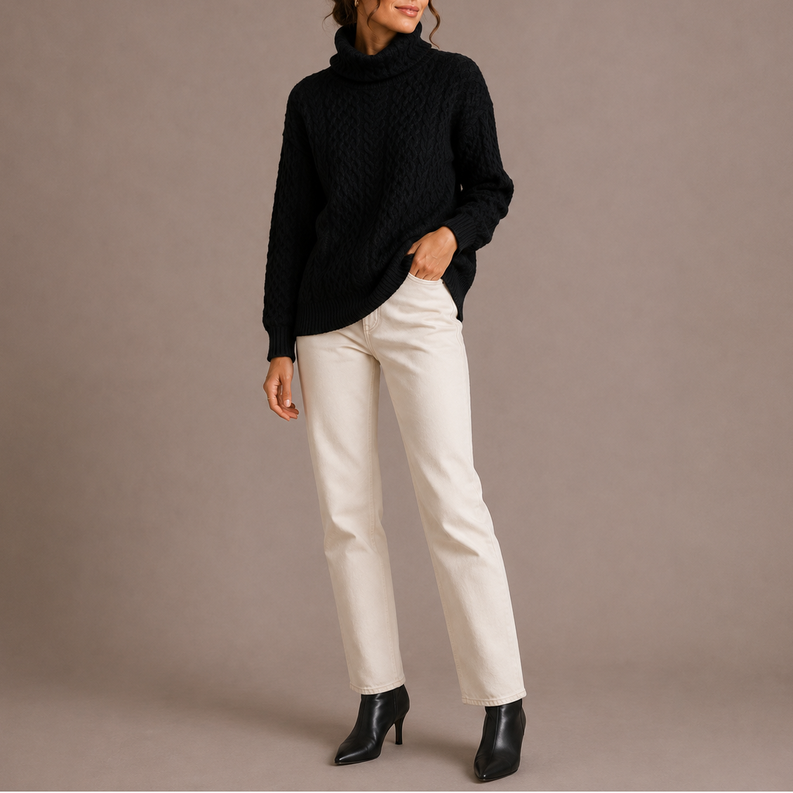 Odette | Oversized Chunky Cable Knit Turtleneck Long Sleeve Drop Shoulder Winter Jumper Women