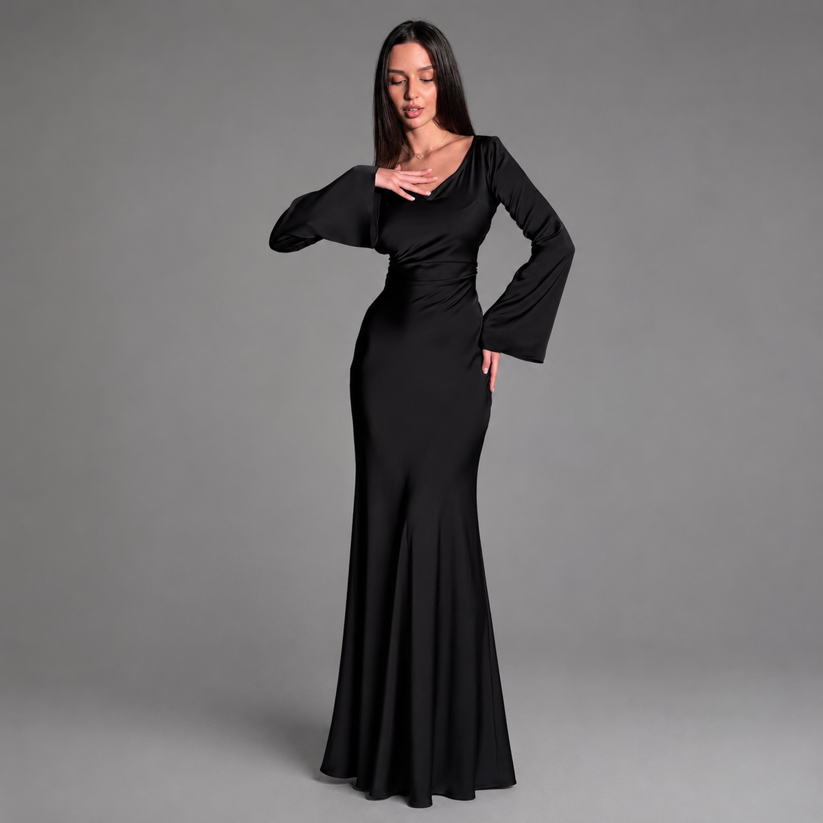 Freda | Scoop Neck Long Sleeve Lace Up Back Fishtail Prom Evening Satin Maxi Gown Women