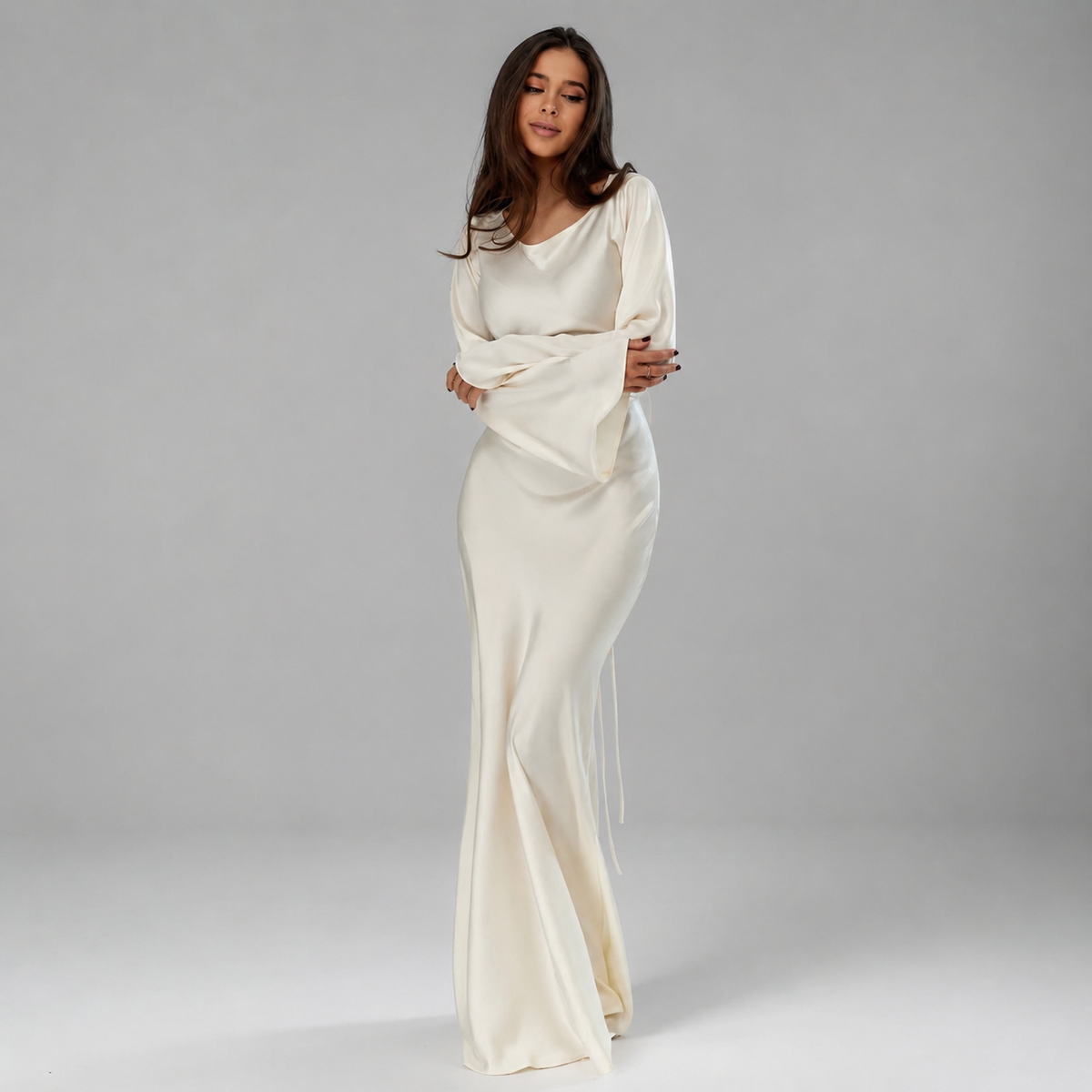Freda | Scoop Neck Long Sleeve Lace Up Back Fishtail Prom Evening Satin Maxi Gown Women