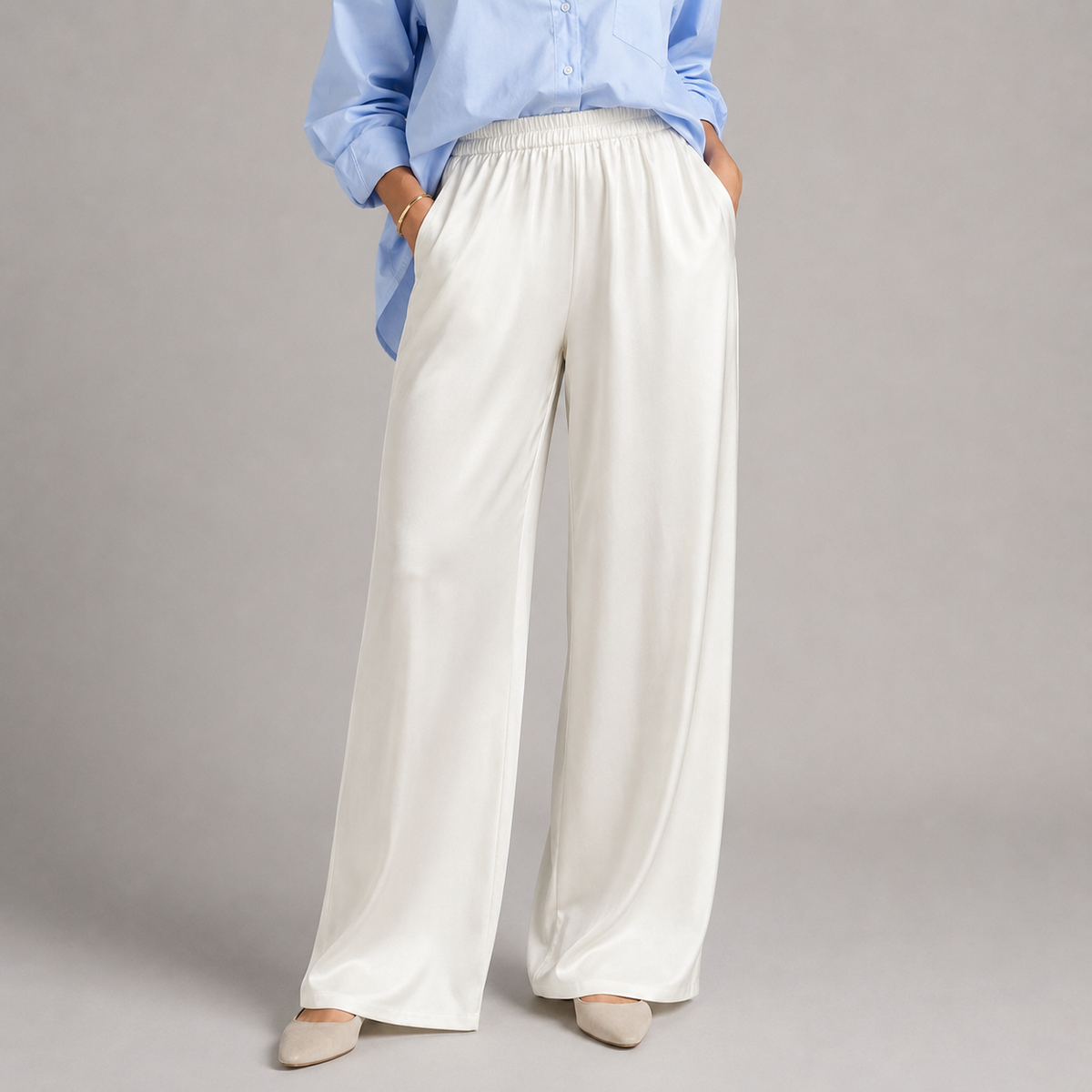 Suzy | Flowy Elasticated High Rise Pockets Satin Wide Leg Trousers Women