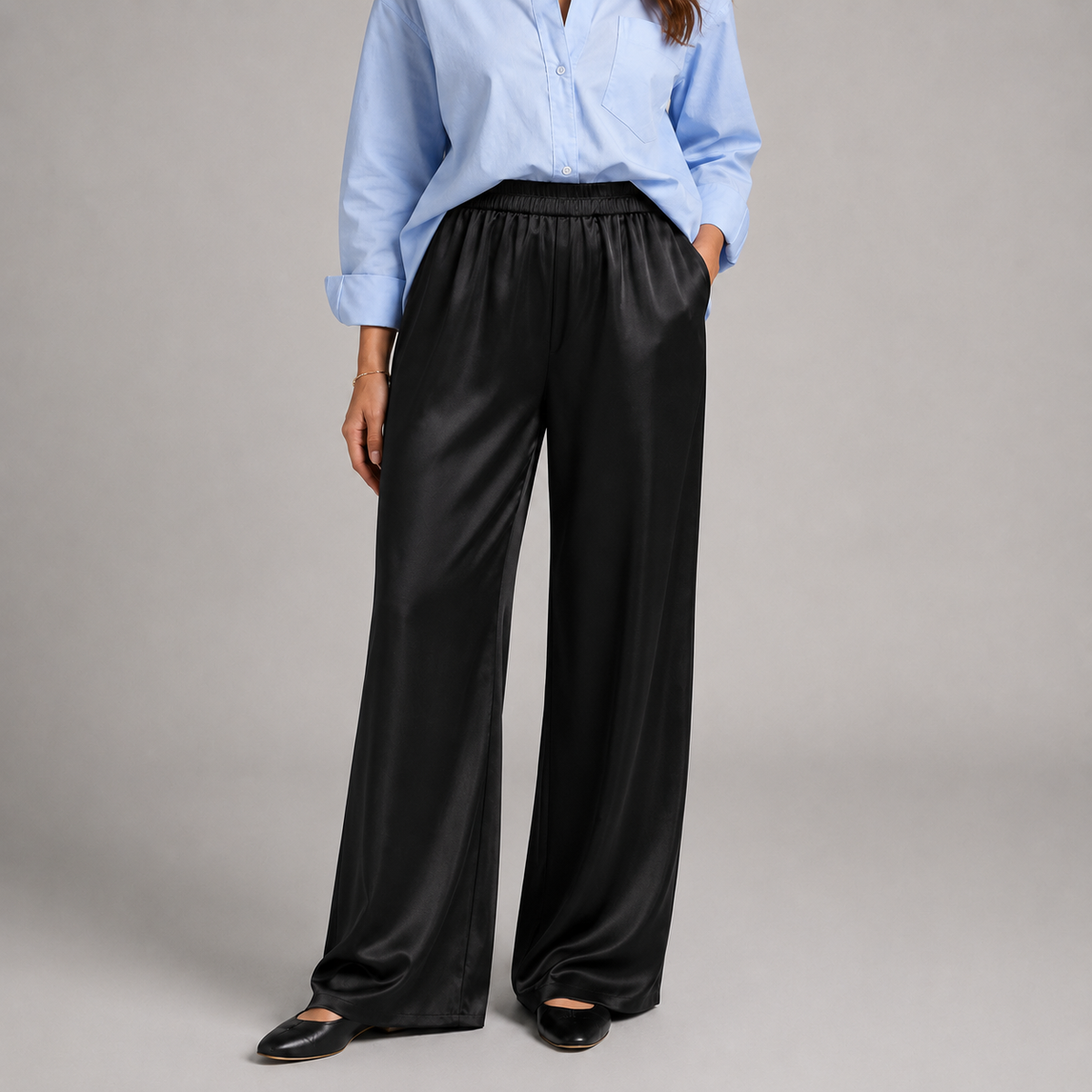Suzy | Flowy Elasticated High Rise Pockets Satin Wide Leg Trousers Women