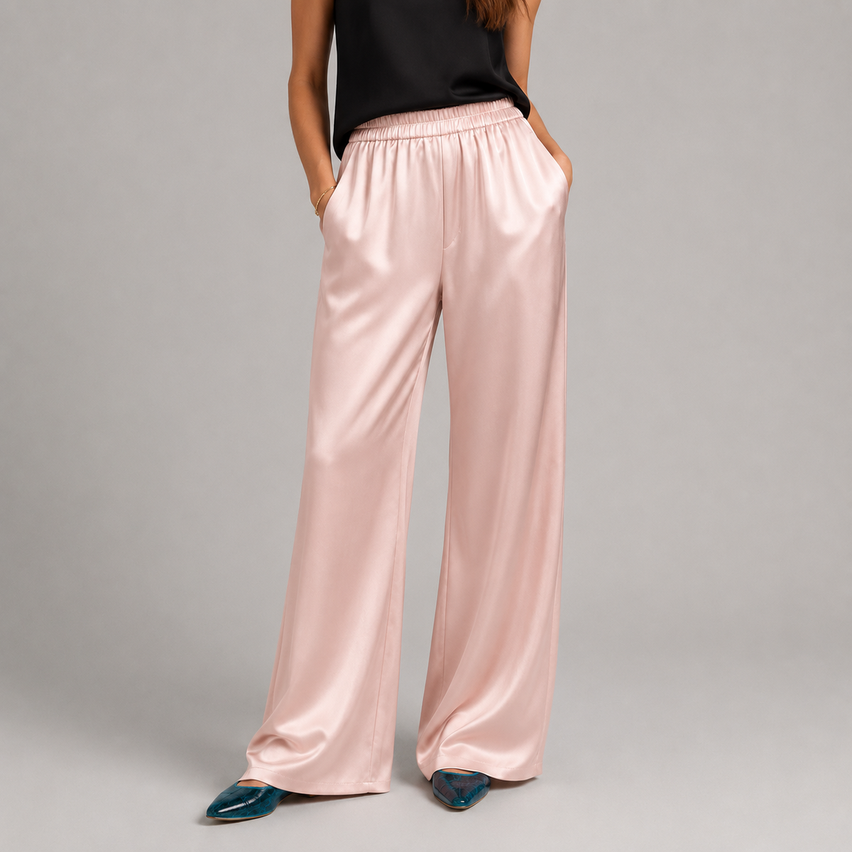 Suzy | Flowy Elasticated High Rise Pockets Satin Wide Leg Trousers Women