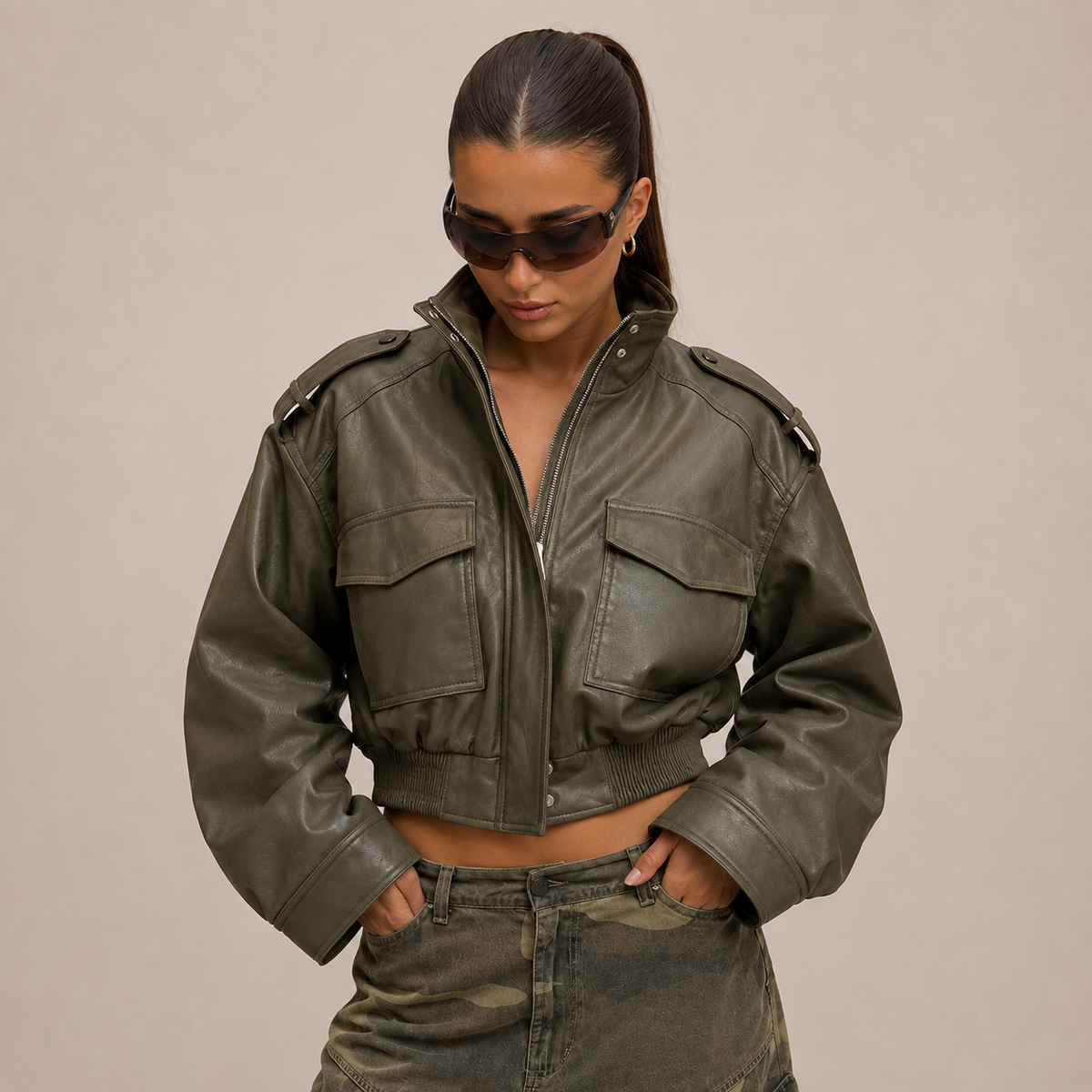 Gwen | Collared Zip Up Pocket Faux Leather Oversized Autumn Cropped Bomber Jacket Women