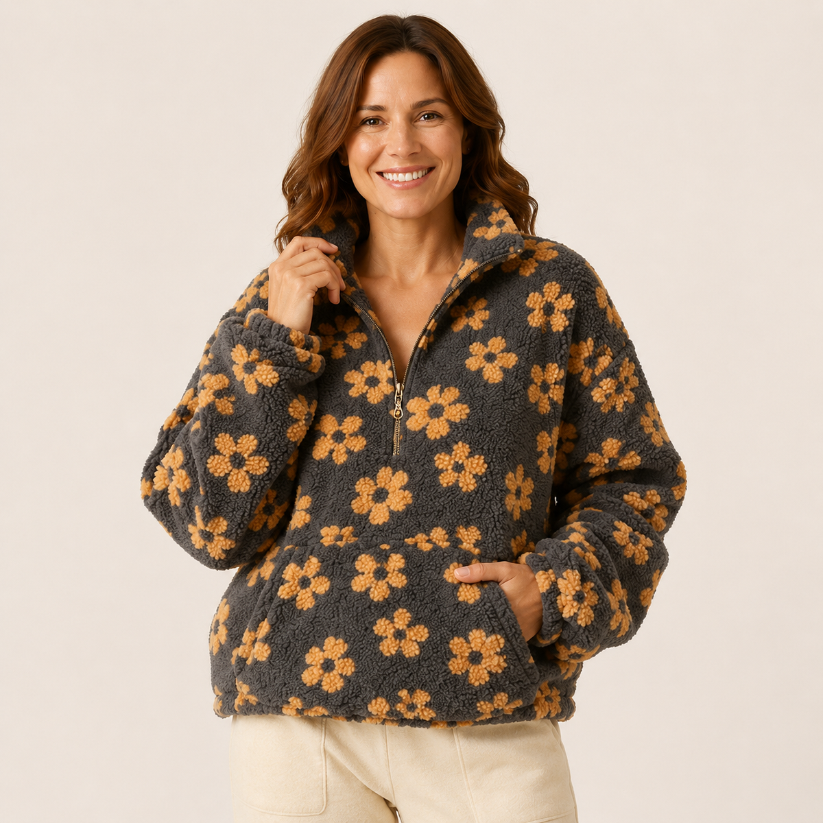 Esme | Floral Winter Oversized Funnel Neck Quarter Zip Sherpa Fleece Jacket Women