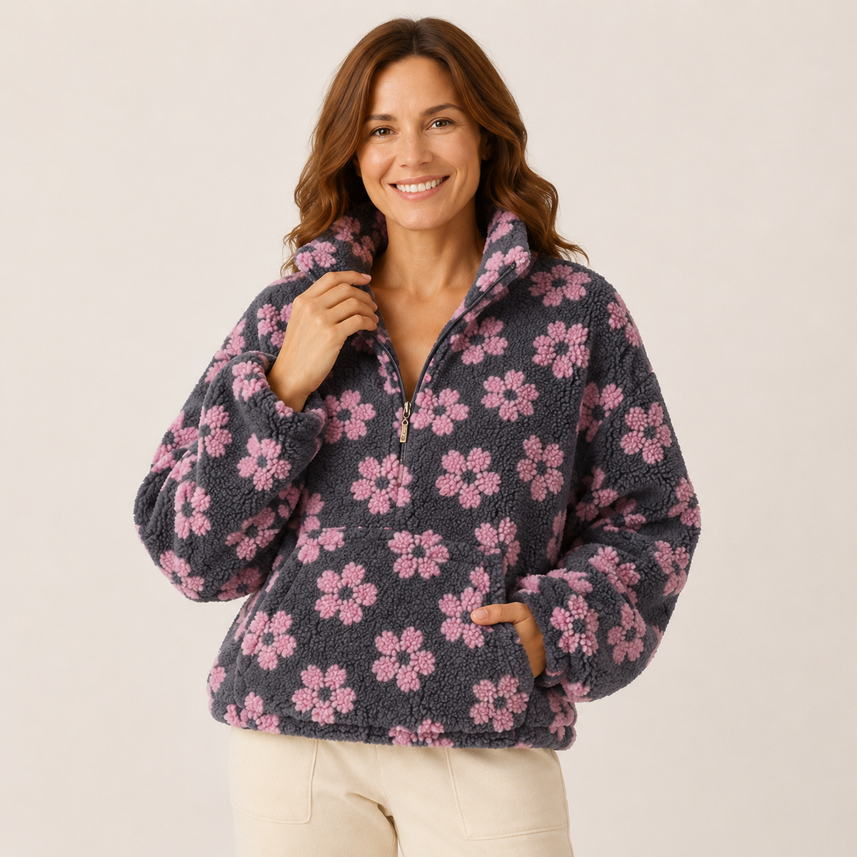 Esme | Floral Winter Oversized Funnel Neck Quarter Zip Sherpa Fleece Jacket Women
