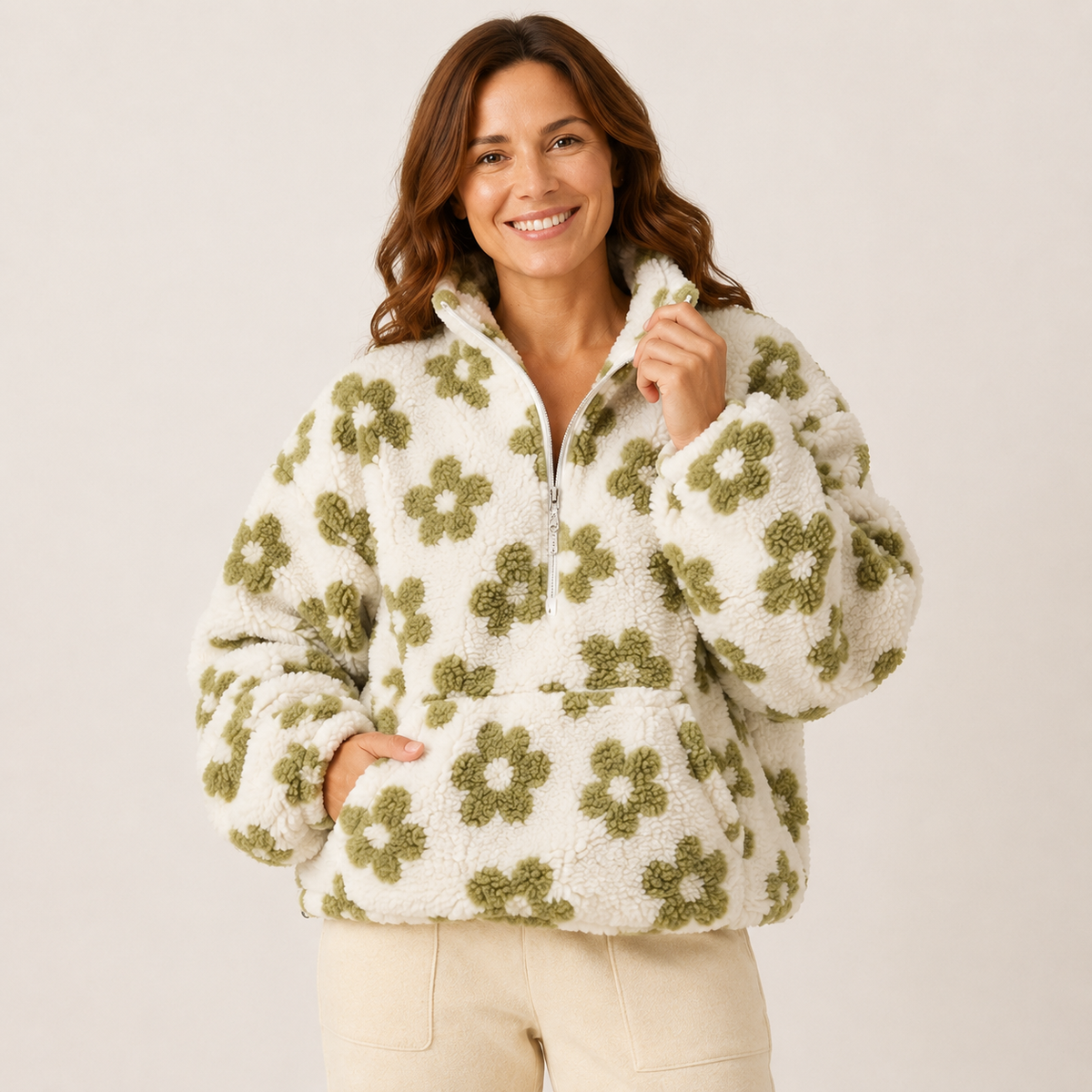Esme | Floral Winter Oversized Funnel Neck Quarter Zip Sherpa Fleece Jacket Women