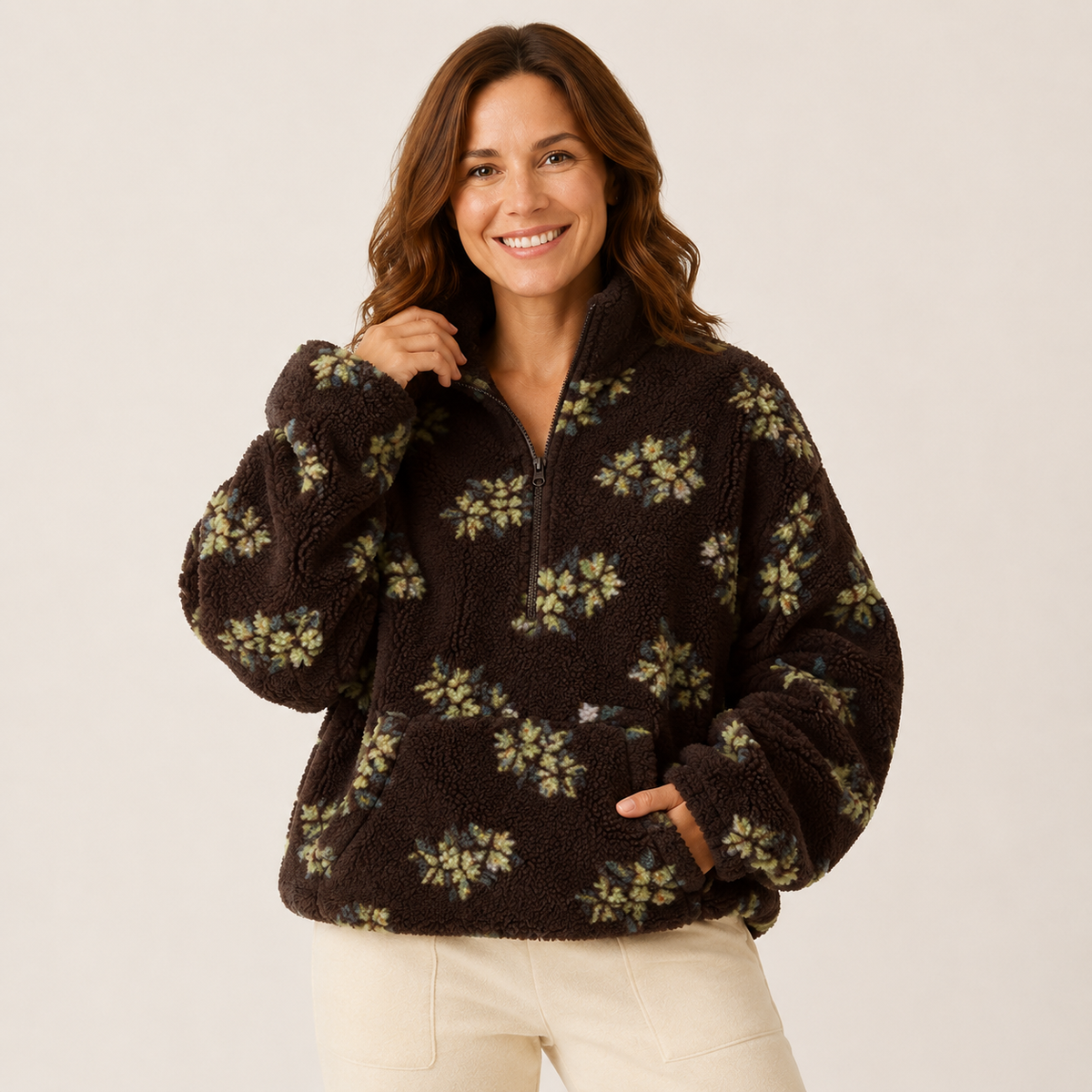 Esme | Floral Winter Oversized Funnel Neck Quarter Zip Sherpa Fleece Jacket Women