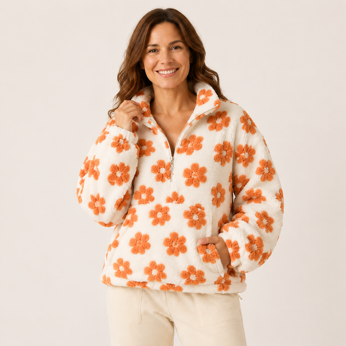 Esme | Floral Winter Oversized Funnel Neck Quarter Zip Sherpa Fleece Jacket Women