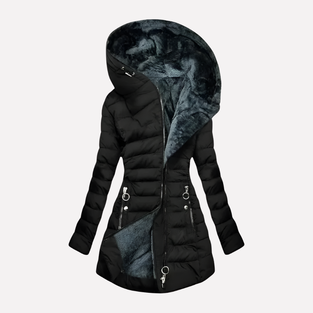 Cleo | Winter Fitted Zip Up Hooded Mid Length Padded Quilted Puffer Coat Women