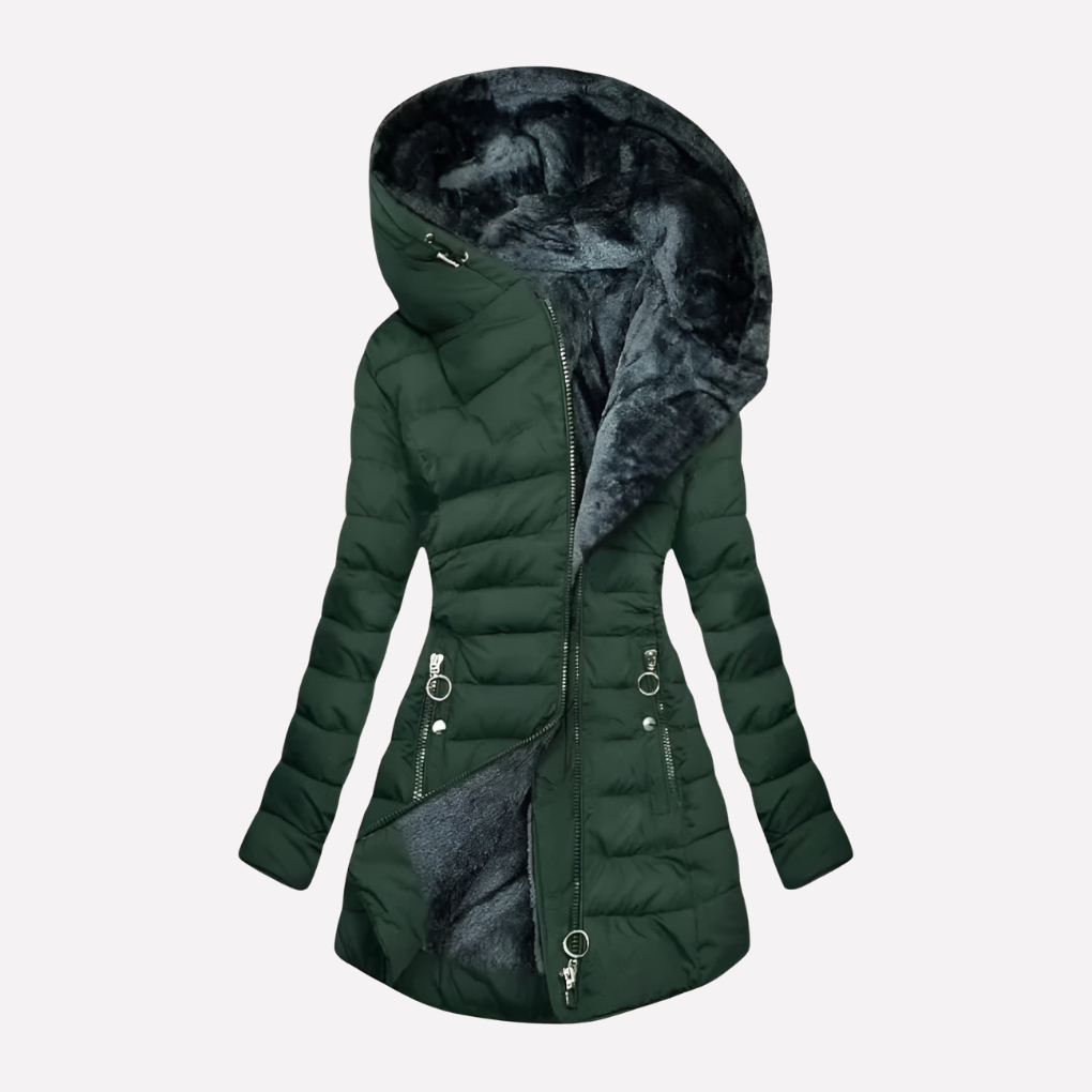 Cleo | Winter Fitted Zip Up Hooded Mid Length Padded Quilted Puffer Coat Women
