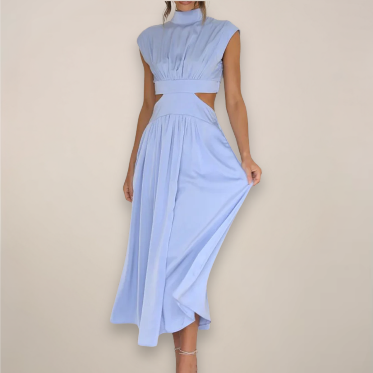 Aria | Satin High Neck Cut Out Pleated A Line Elasticated Waist Evening Occasion Dress Women