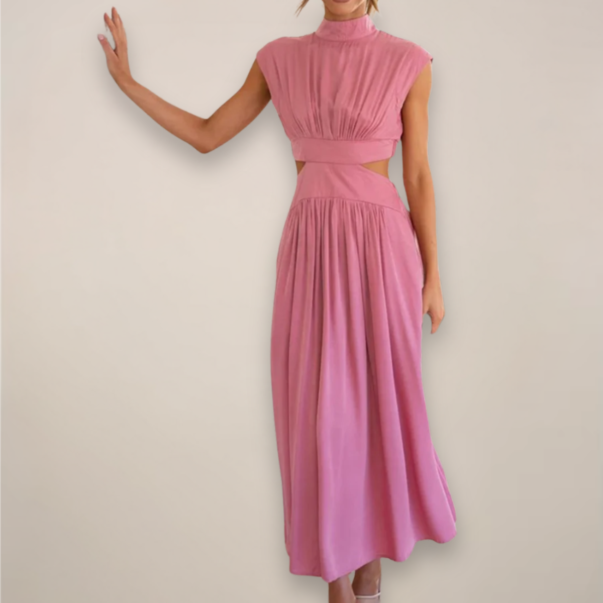 Aria | Satin High Neck Cut Out Pleated A Line Elasticated Waist Evening Occasion Dress Women