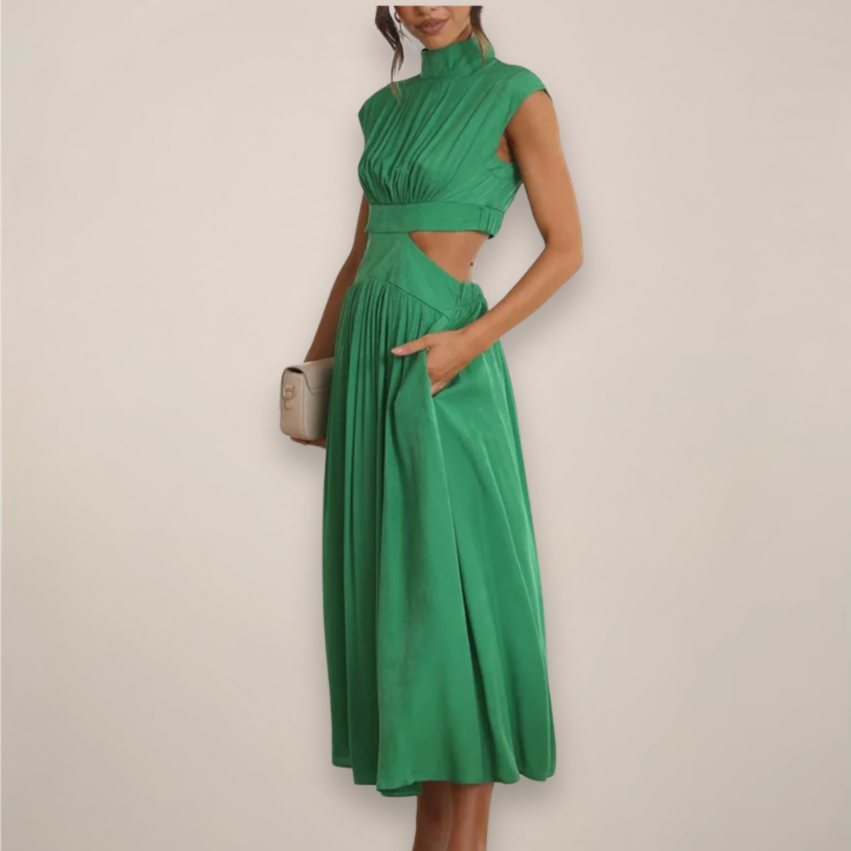 Aria | Satin High Neck Cut Out Pleated A Line Elasticated Waist Evening Occasion Dress Women