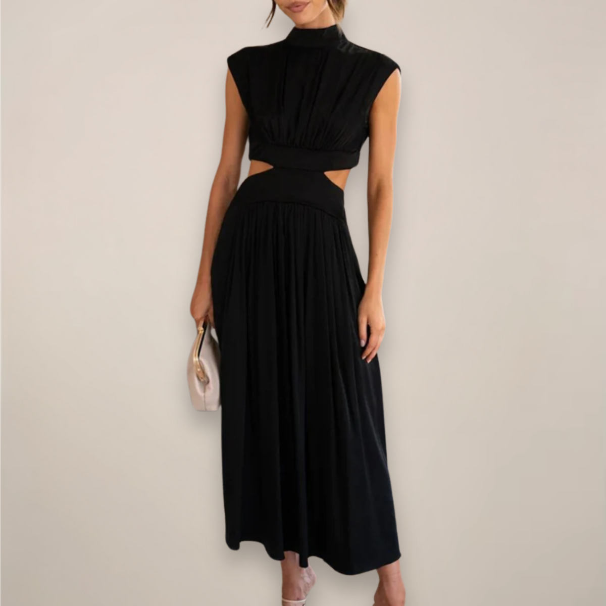 Aria | Satin High Neck Cut Out Pleated A Line Elasticated Waist Evening Occasion Dress Women