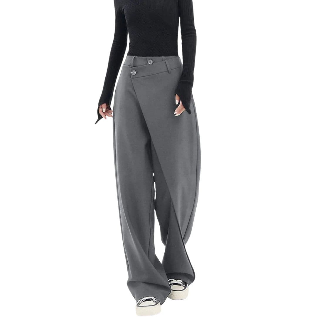 Fleur | Asymmetric Pleated High Waisted Button Tailored Autumn Smart Wrap Wide Leg Trousers Women