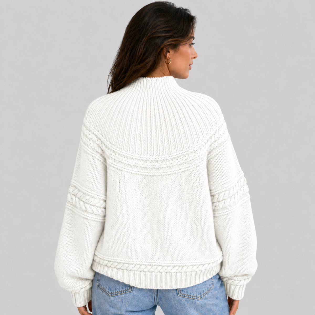 Mock Neck Knit Sweater with Textured Pattern - Denim Blue