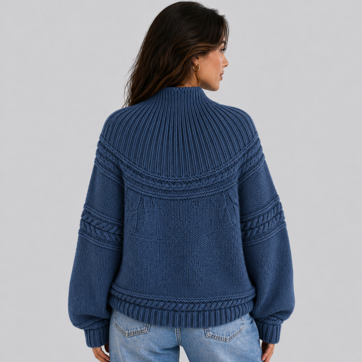 Mock Neck Knit Sweater with Textured Pattern - Denim Blue