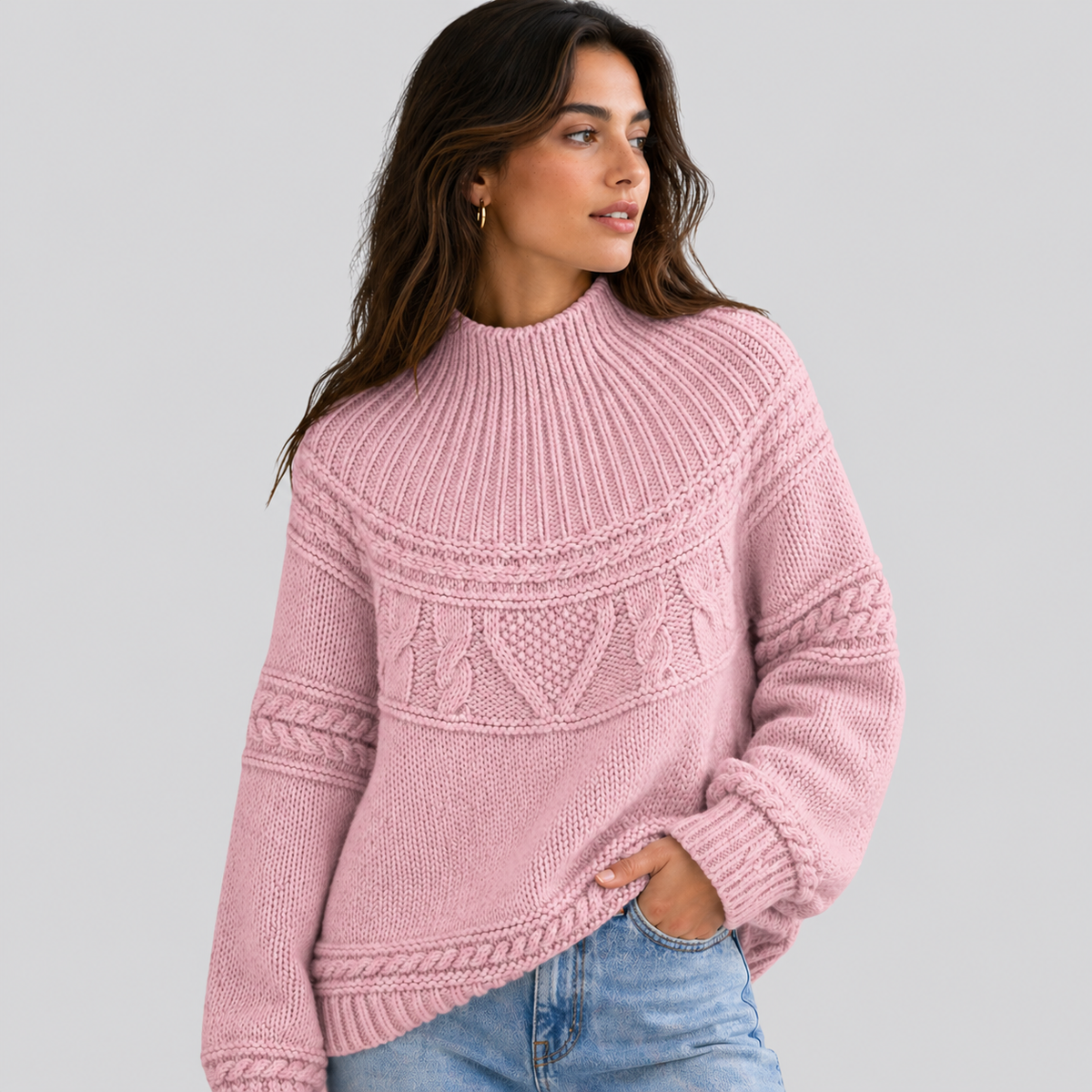Mock Neck Knit Sweater with Textured Pattern - Denim Blue