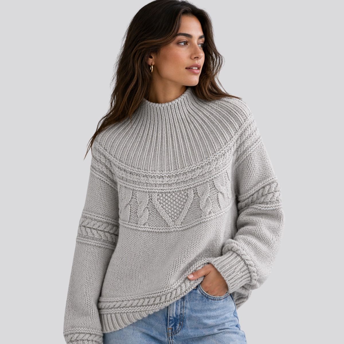 Mock Neck Knit Sweater with Textured Pattern - Denim Blue