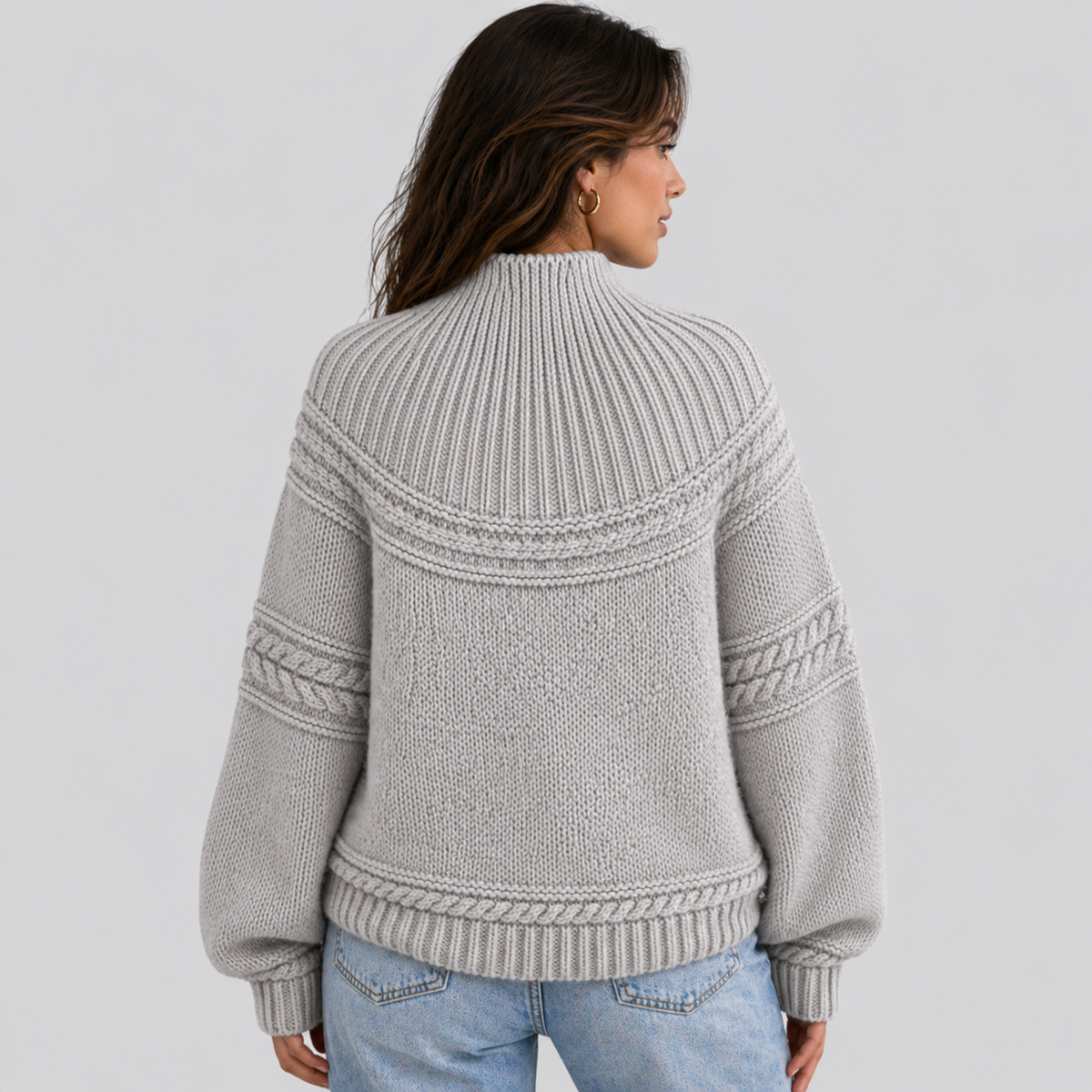 Mock Neck Knit Sweater with Textured Pattern - Denim Blue