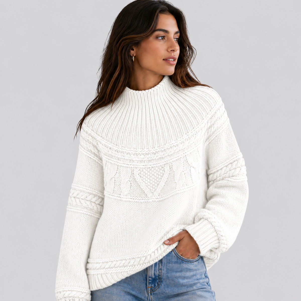 Mock Neck Knit Sweater with Textured Pattern - Denim Blue