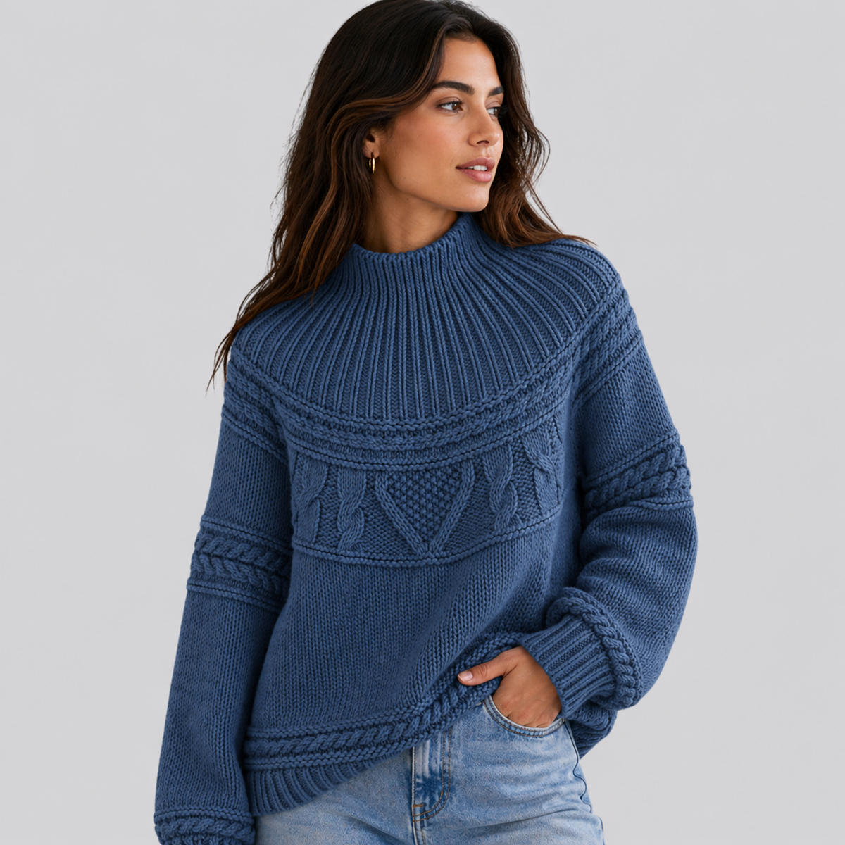 Mock Neck Knit Sweater with Textured Pattern - Denim Blue