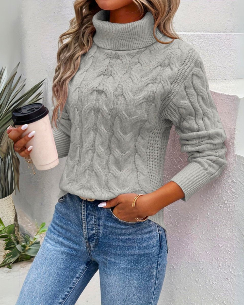 Cable Knit Turtleneck Sweater, Relaxed Fit - Light Blue