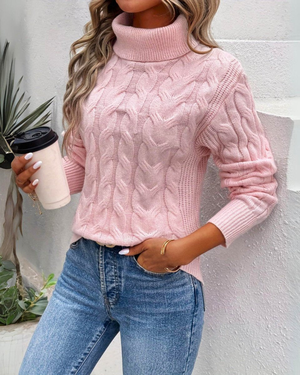 Cable Knit Turtleneck Sweater, Relaxed Fit - Light Blue