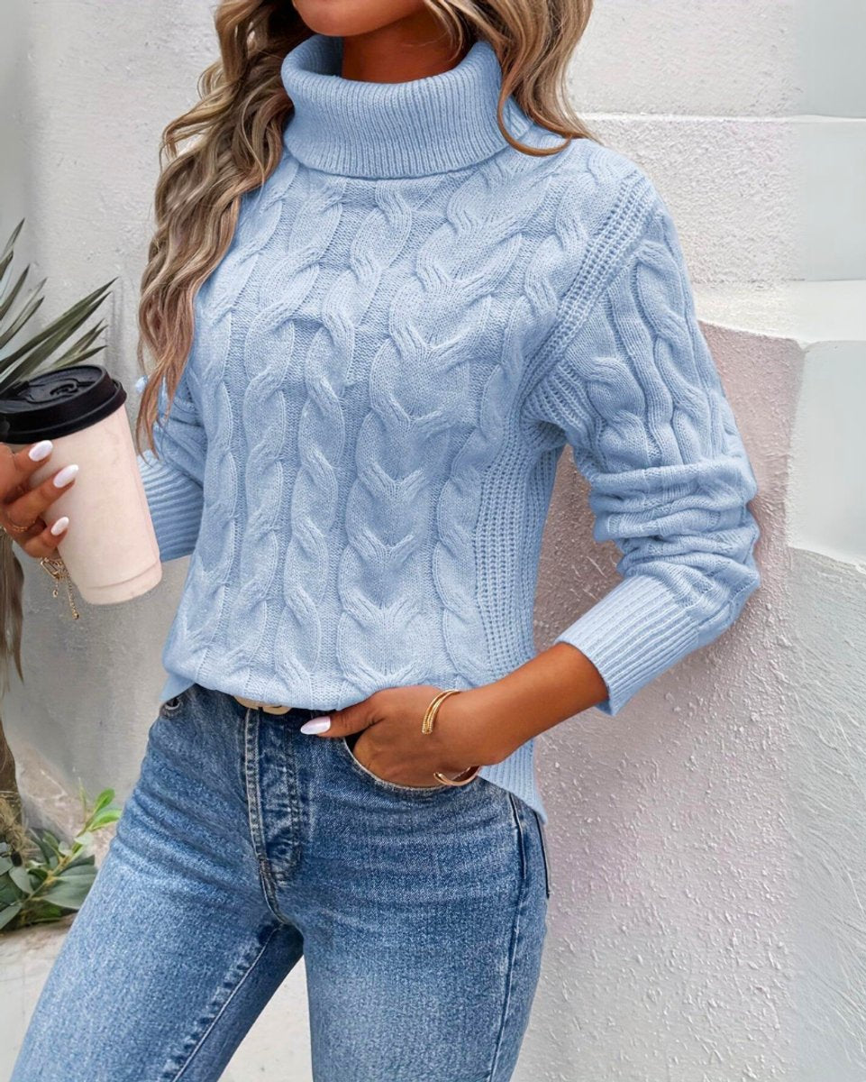 Cable Knit Turtleneck Sweater, Relaxed Fit - Light Blue
