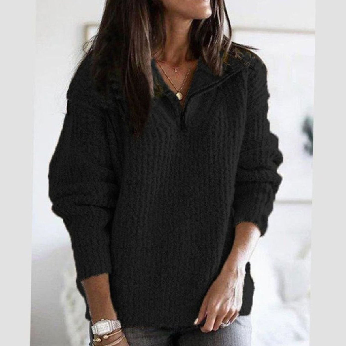 Half-Zip Knit Sweater with Collar - Grey Marl