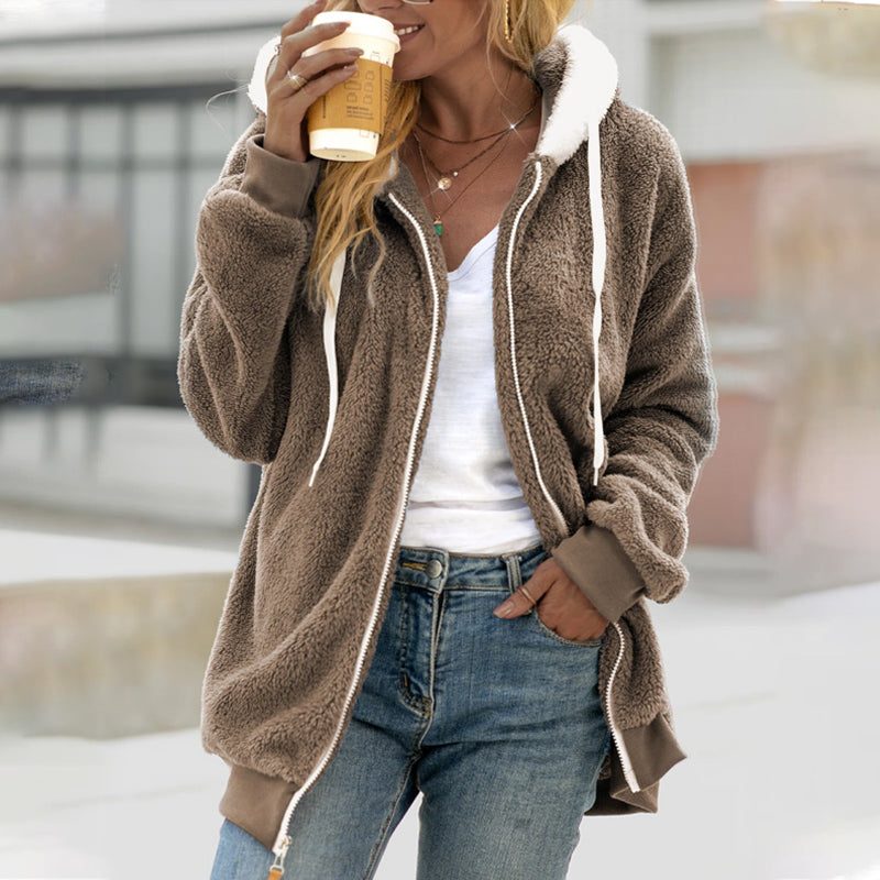 Jade | Winter Oversized Longline Hooded Full Zip Sherpa Drawstring Fleece Jacket Women