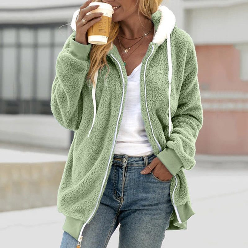 Jade | Winter Oversized Longline Hooded Full Zip Sherpa Drawstring Fleece Jacket Women