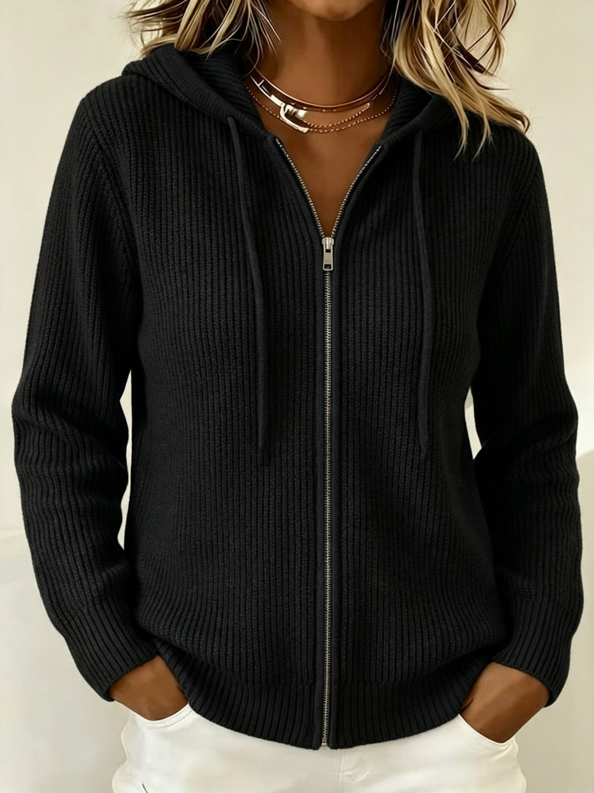 Ribbed Zip-Up Hoodie Cardigan with Hood - Pink