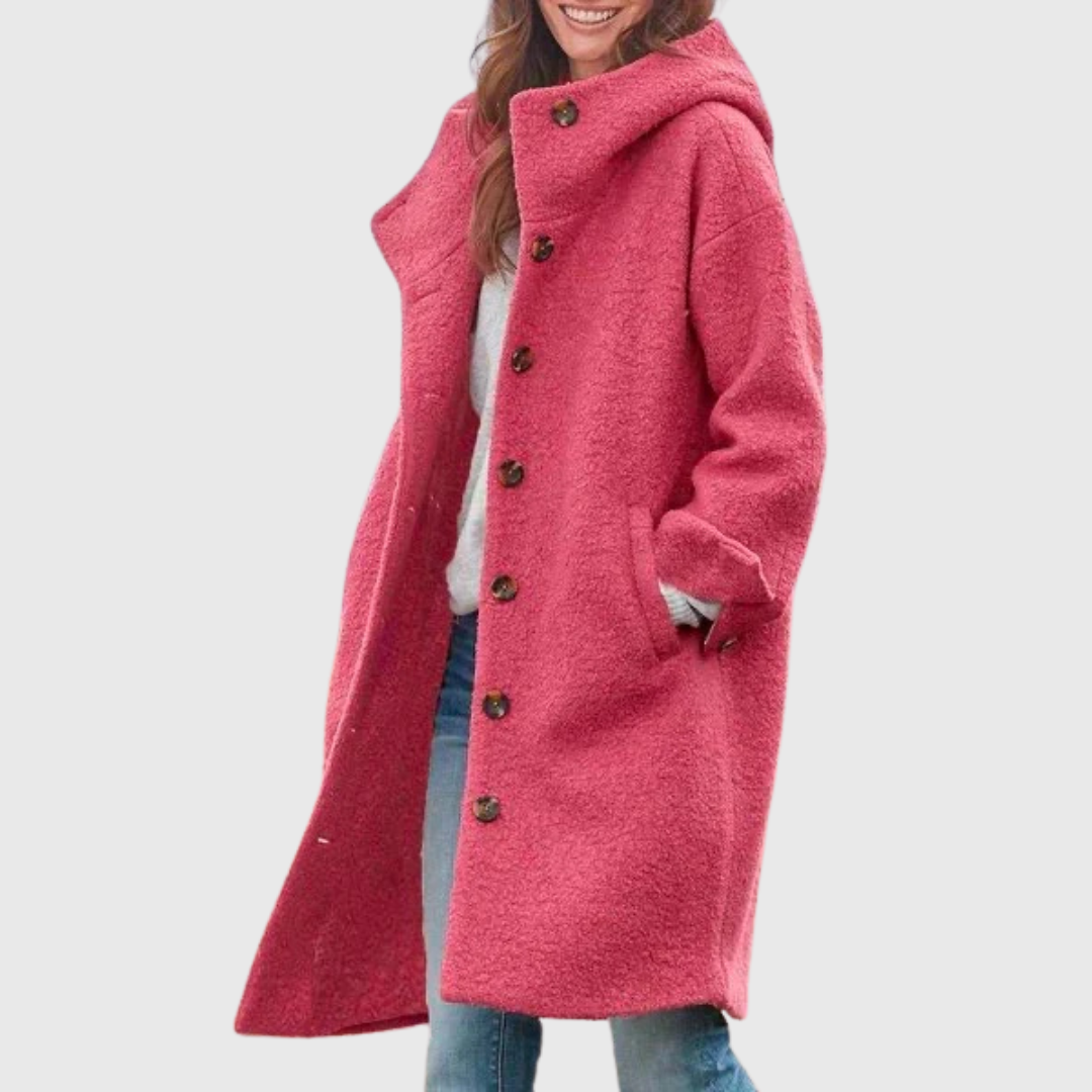 Hooded Longline Wool Coat with Buttons - Raspberry Pink